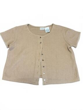 Tan Ribbed Short Sleeve Button Up Cardigan